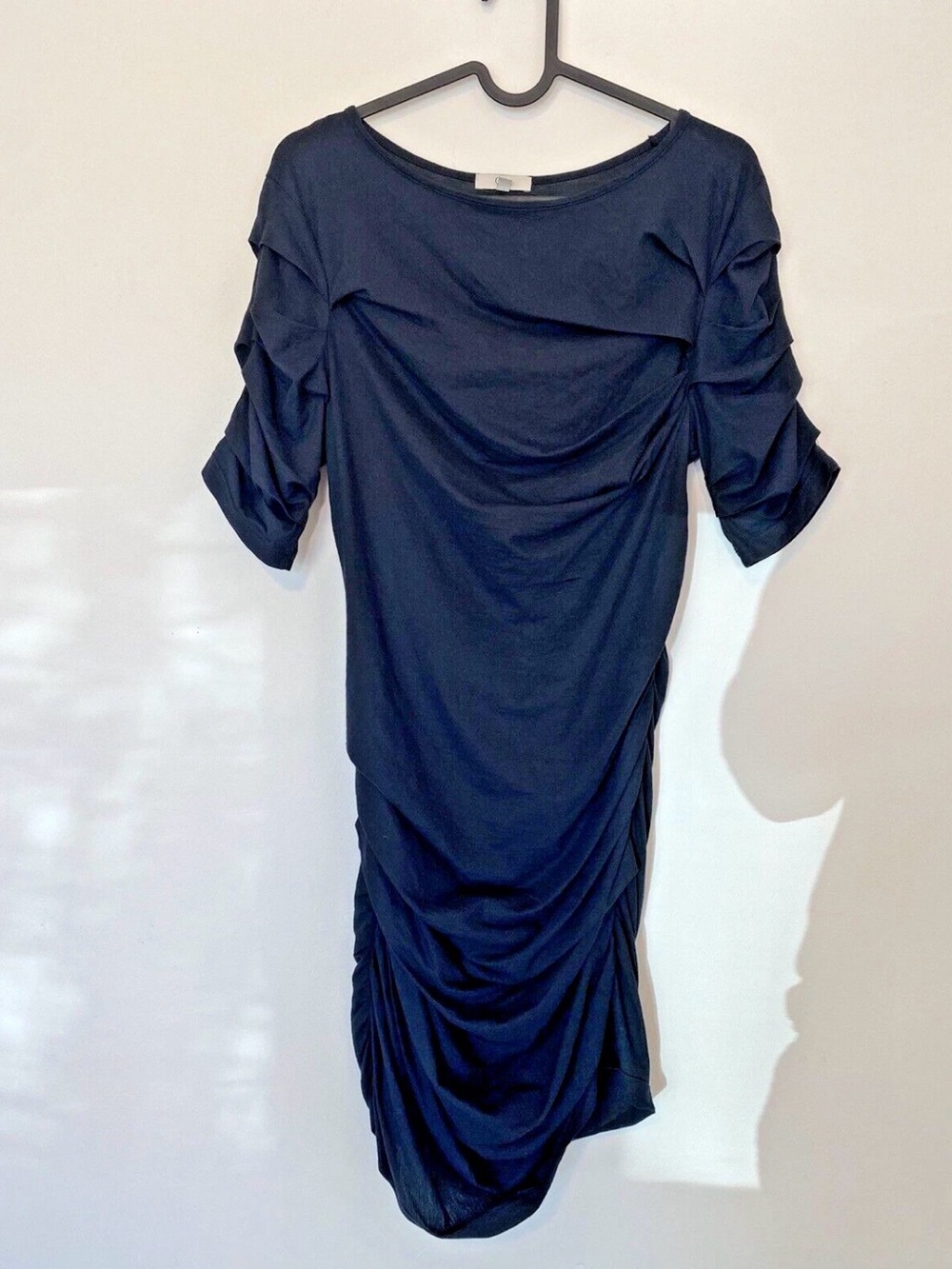 Ruched Midi Dress in Navy - Sleek Gathered Silhouette